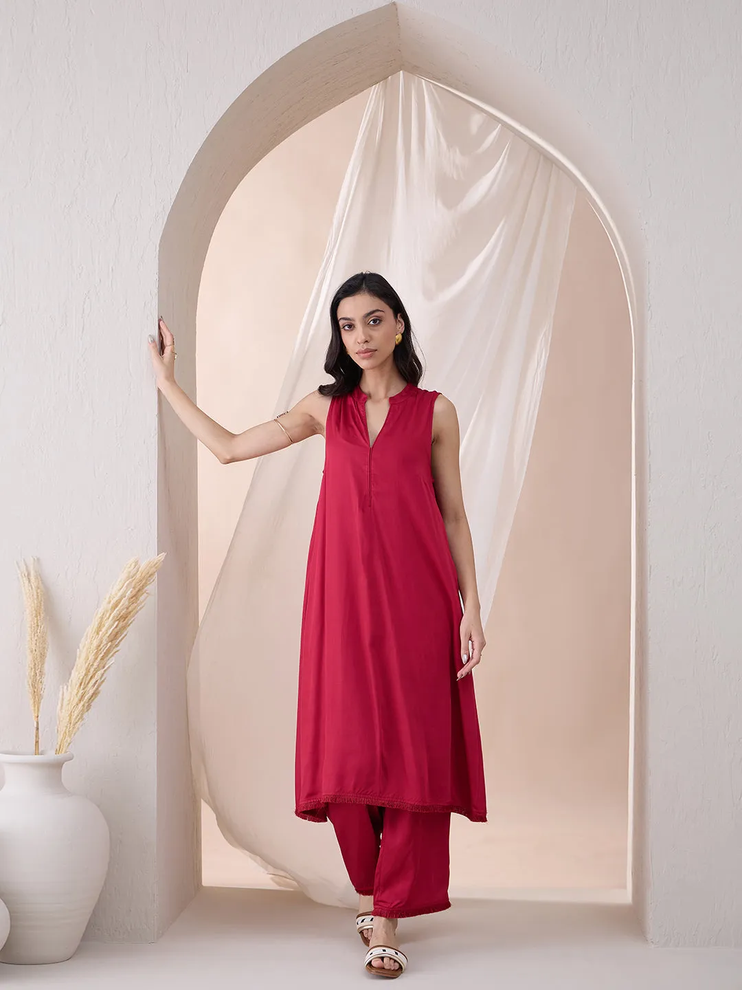 Deep Red Fringe Lace Detailing Long Kurta With Straight Pant