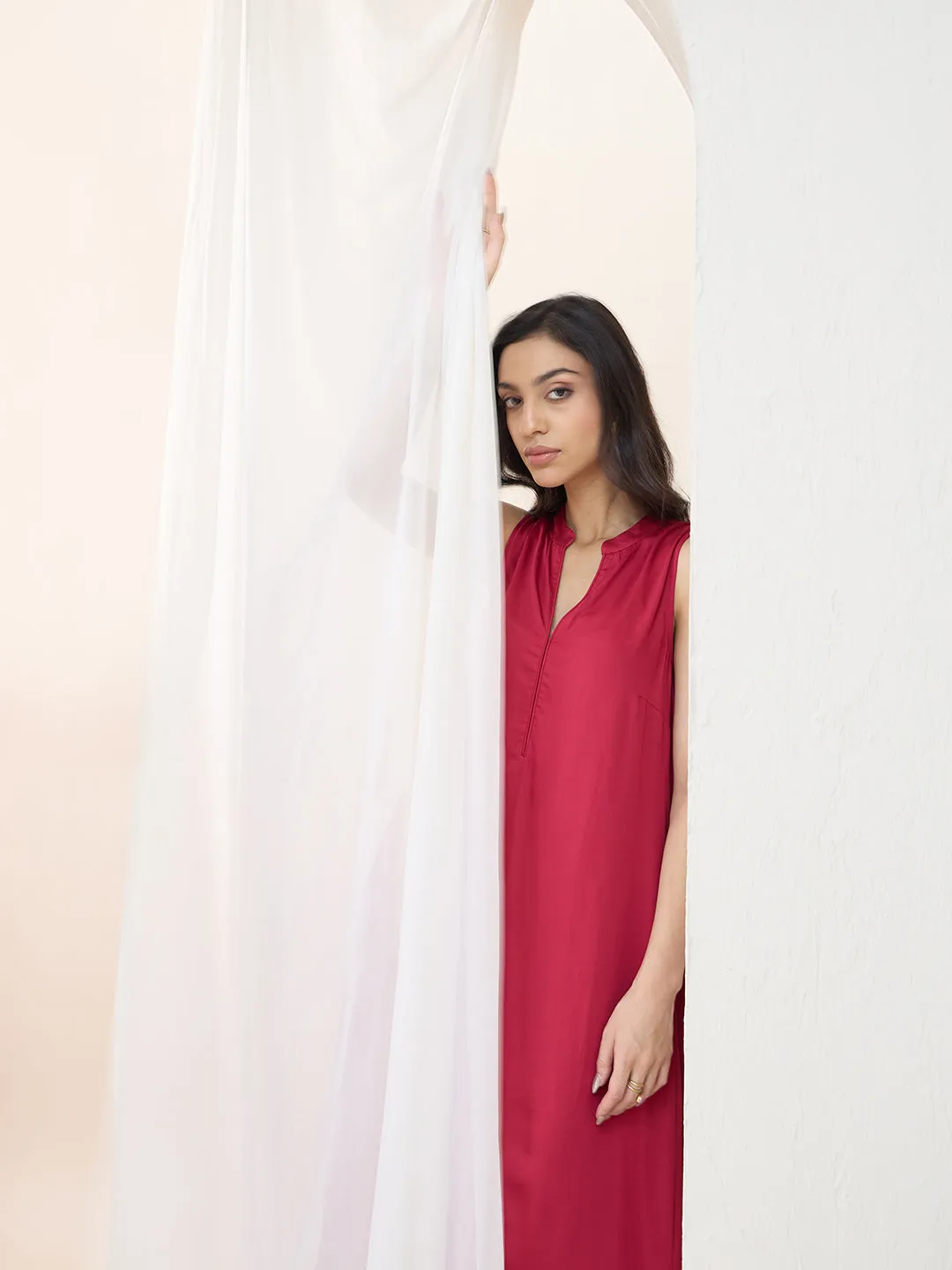 Deep Red Fringe Lace Detailing Long Kurta With Straight Pant