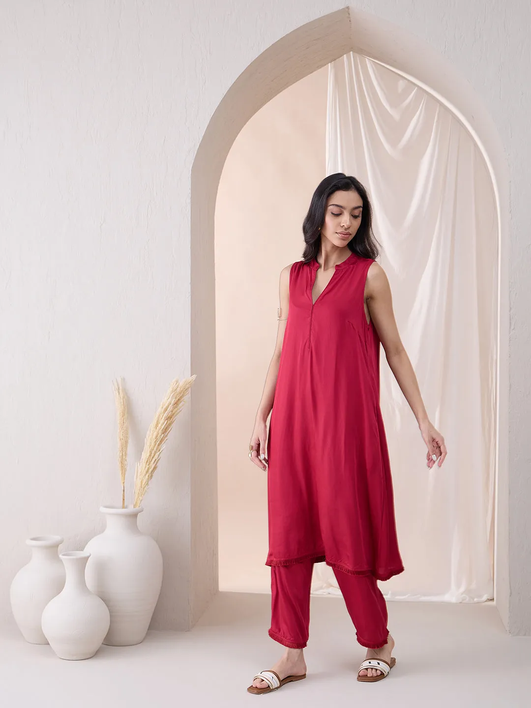 Deep Red Fringe Lace Detailing Long Kurta With Straight Pant