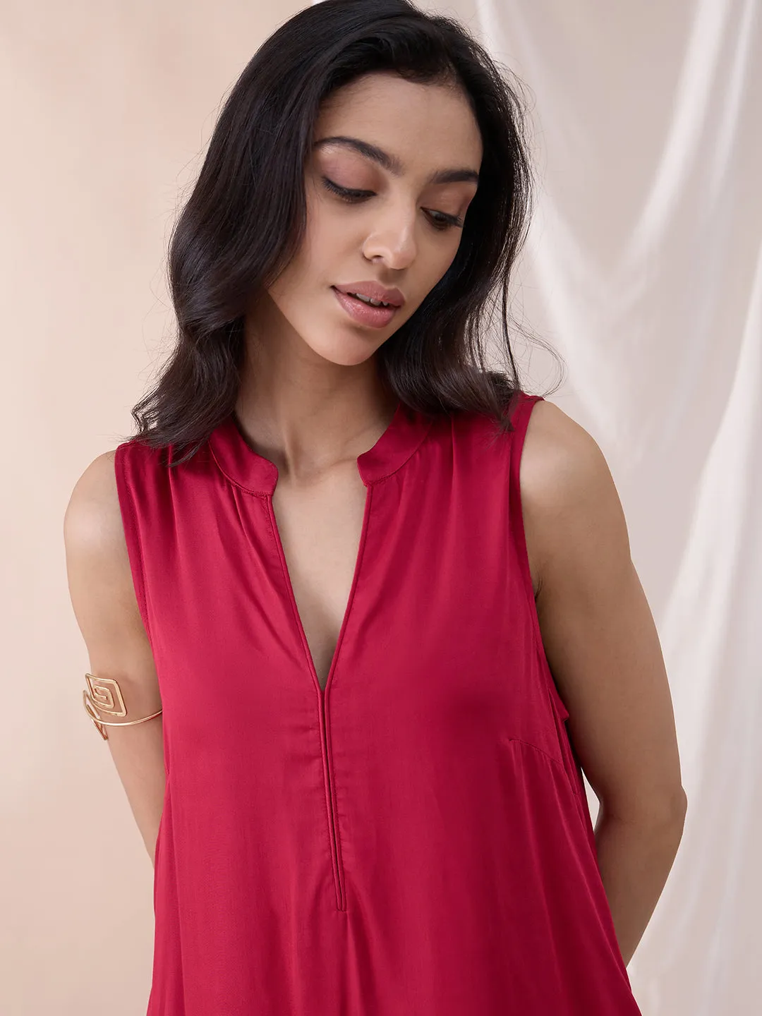 Deep Red Fringe Lace Detailing Long Kurta With Straight Pant