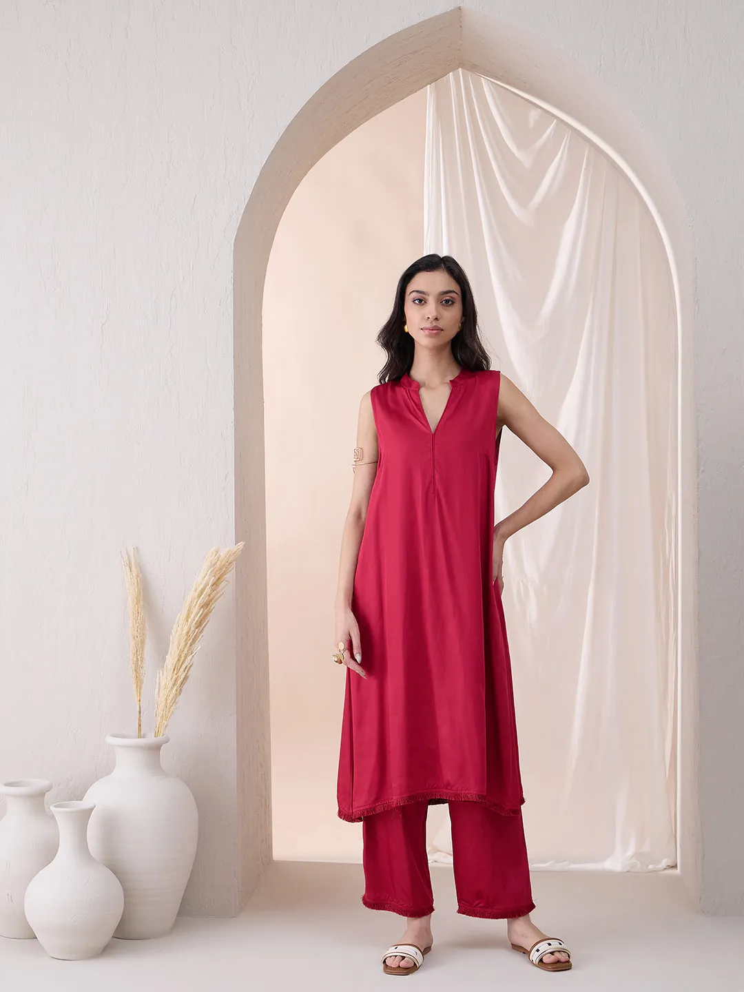 Deep Red Fringe Lace Detailing Long Kurta With Straight Pant
