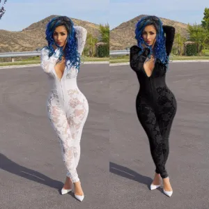 Deep V Neck Burn Hollow Out Mesh Stitching One Piece Jumpsuit Club Women Rompers