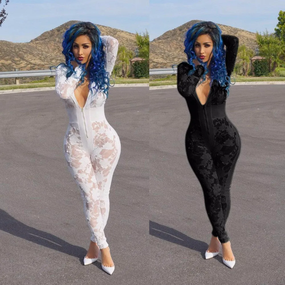Deep V Neck Burn Hollow Out Mesh Stitching One Piece Jumpsuit Club Women Rompers
