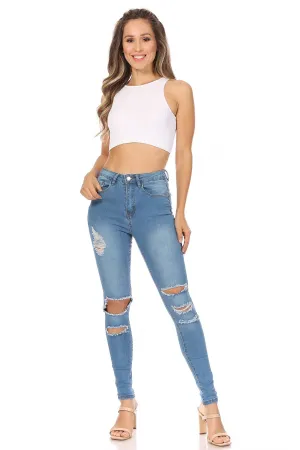 Distressed High Rise Denim Skinny Jeans