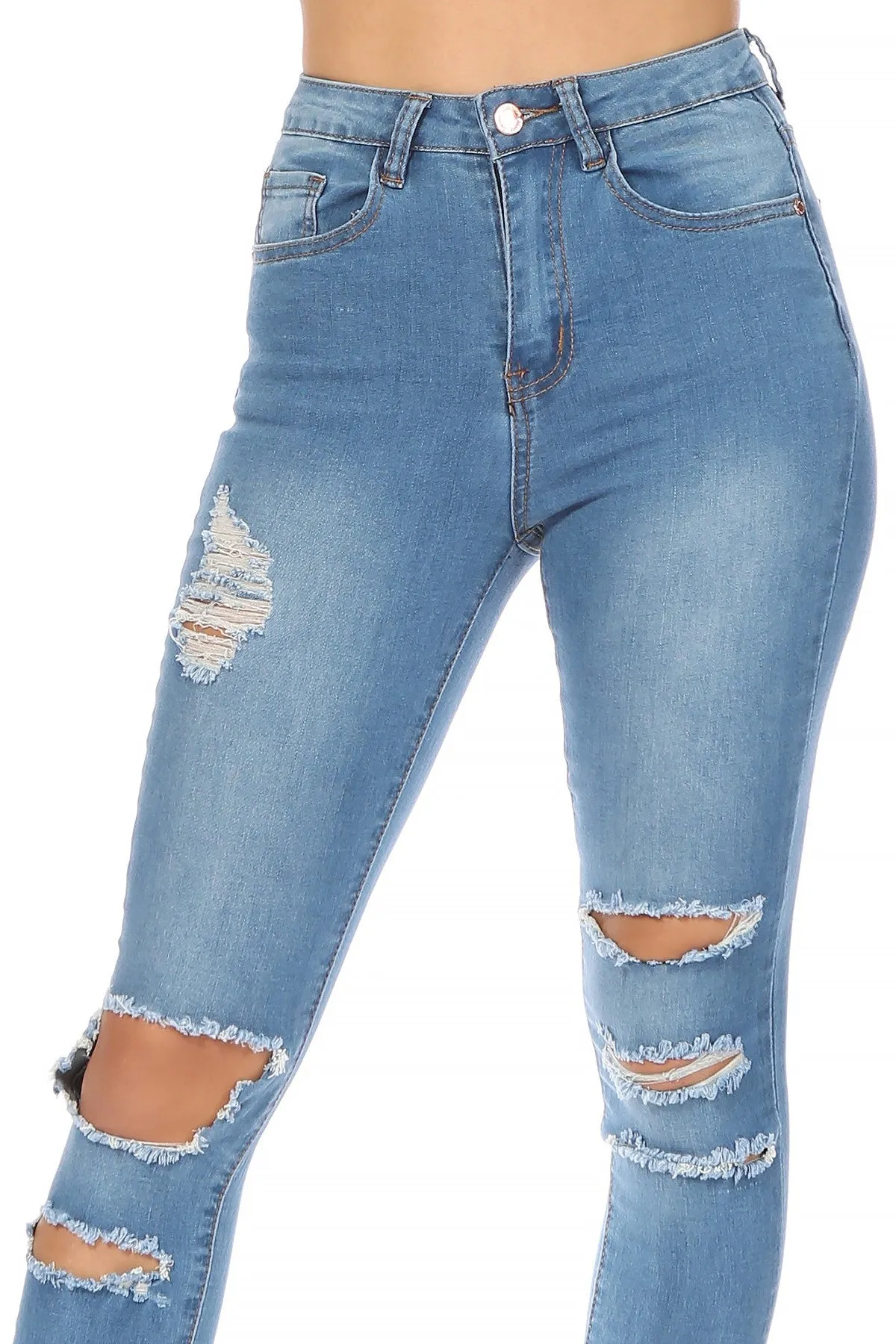 Distressed High Rise Denim Skinny Jeans