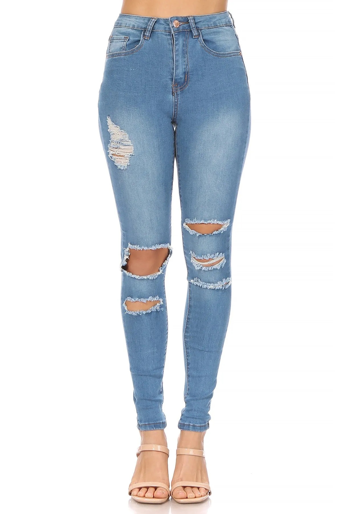 Distressed High Rise Denim Skinny Jeans