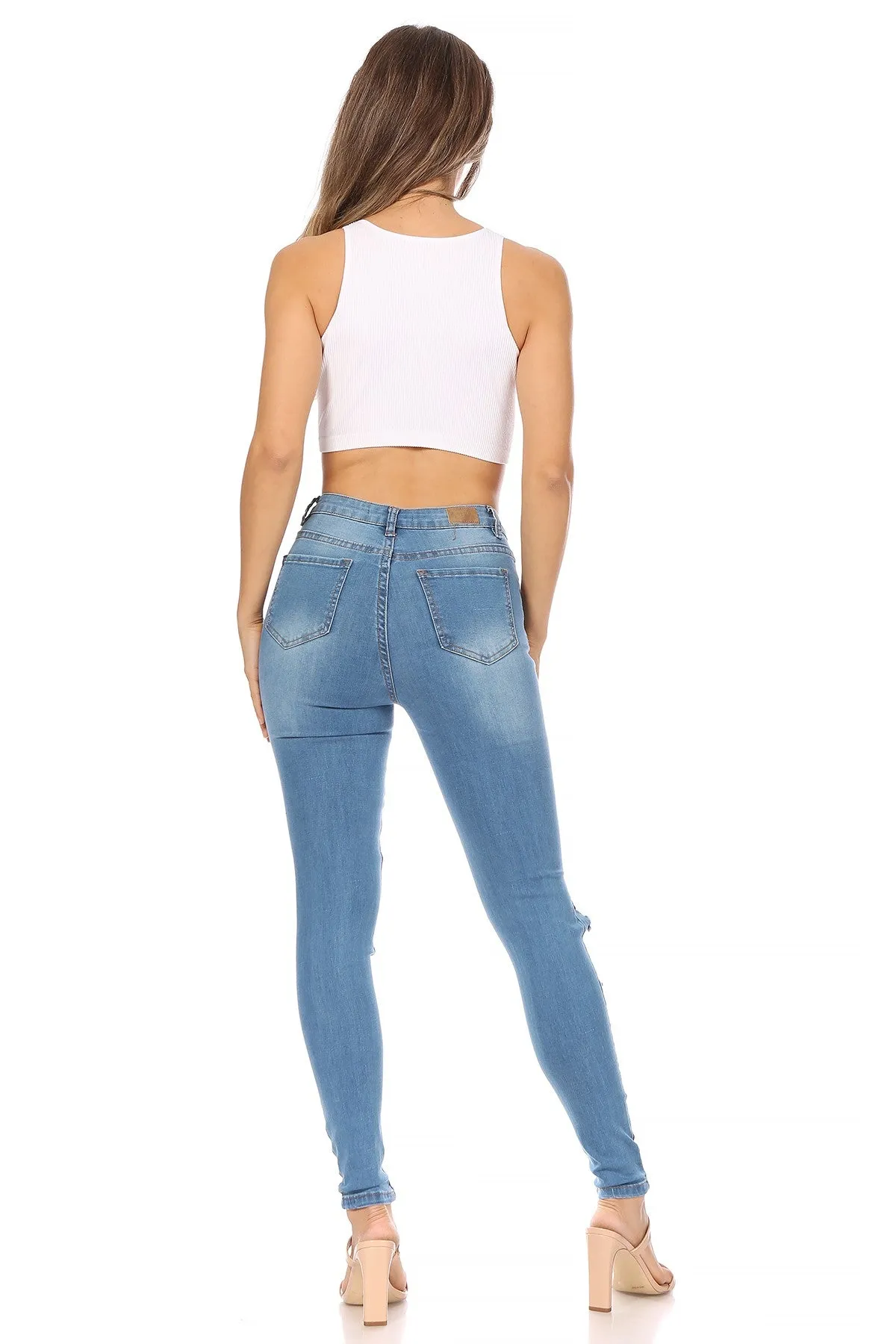 Distressed High Rise Denim Skinny Jeans