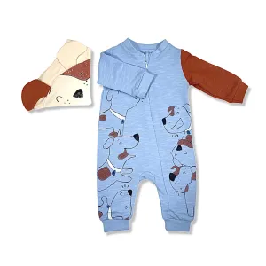 Dogs Print - Romper And Bib - Baby Boy Set