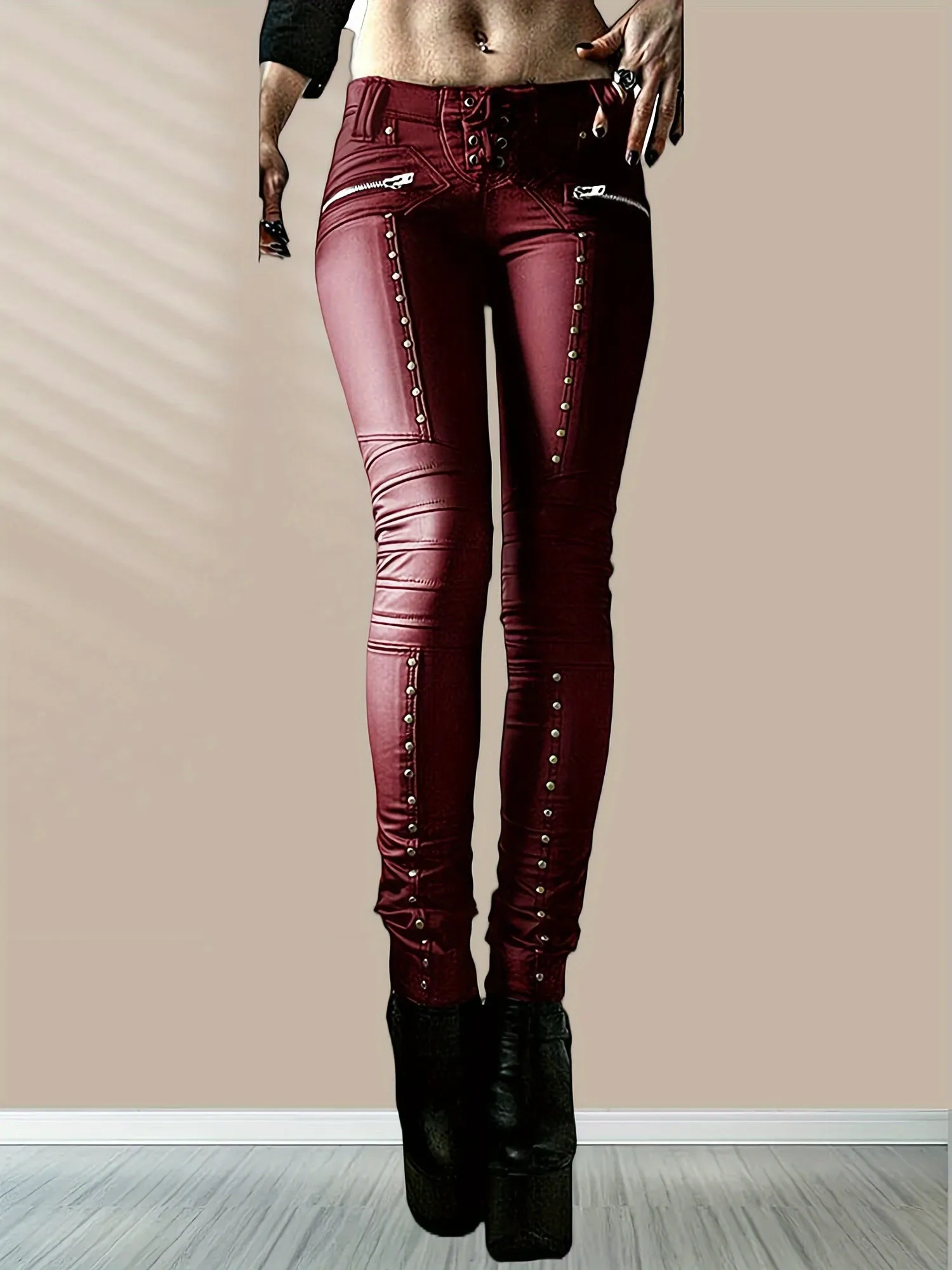 Edgy Gothic Punk Studded Faux Leather Leggings for Women