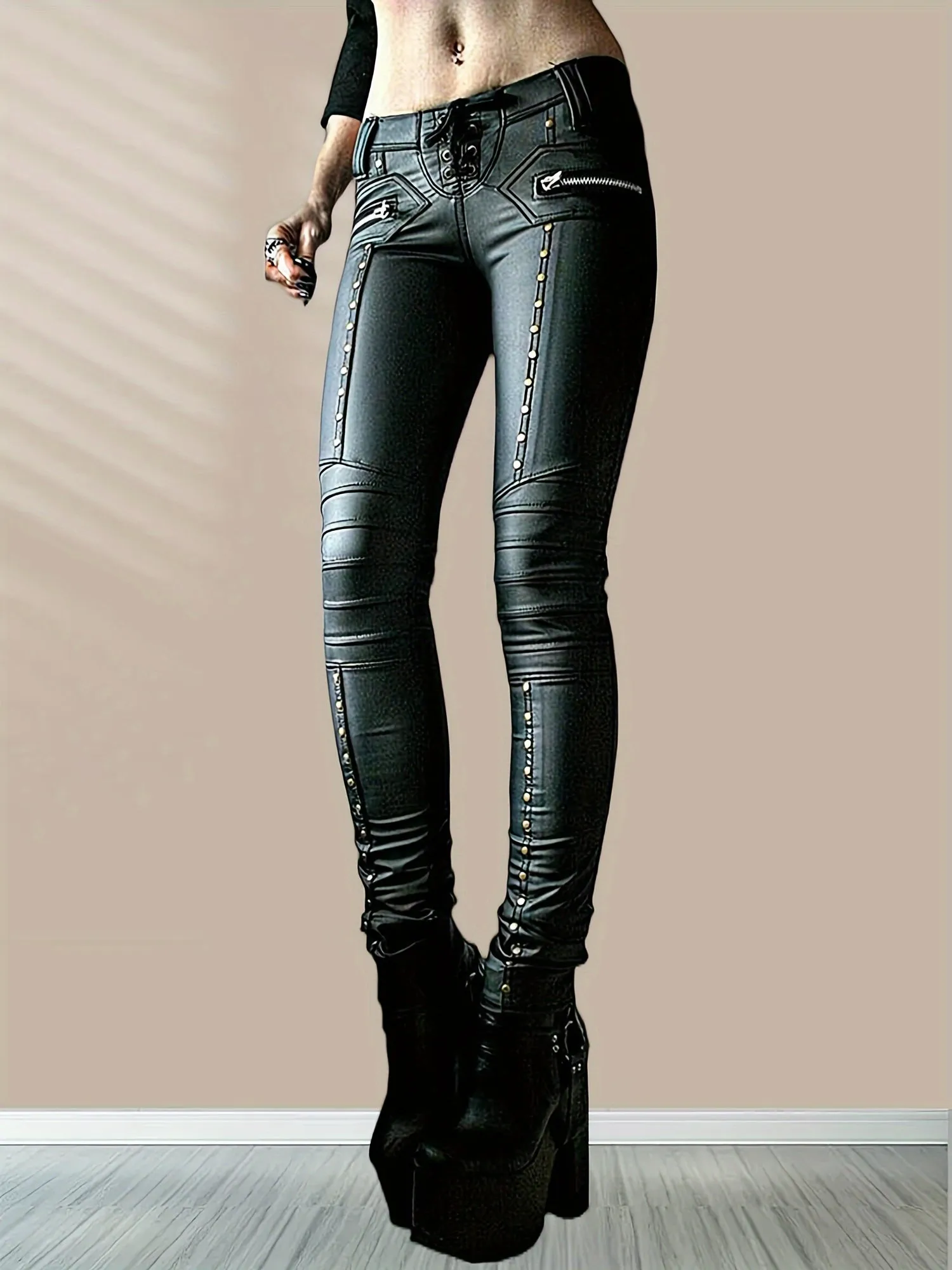 Edgy Gothic Punk Studded Faux Leather Leggings for Women