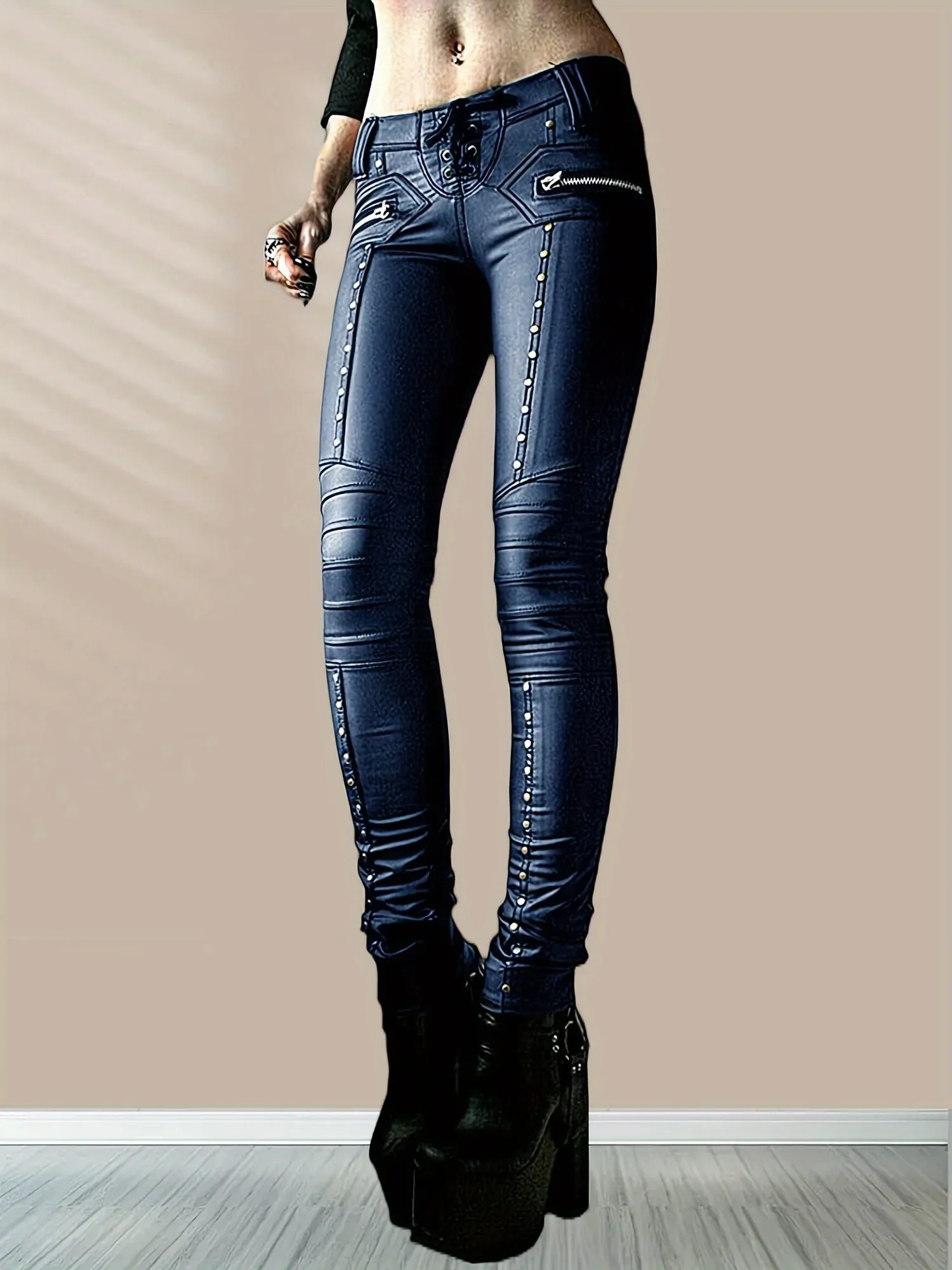 Edgy Gothic Punk Studded Faux Leather Leggings for Women