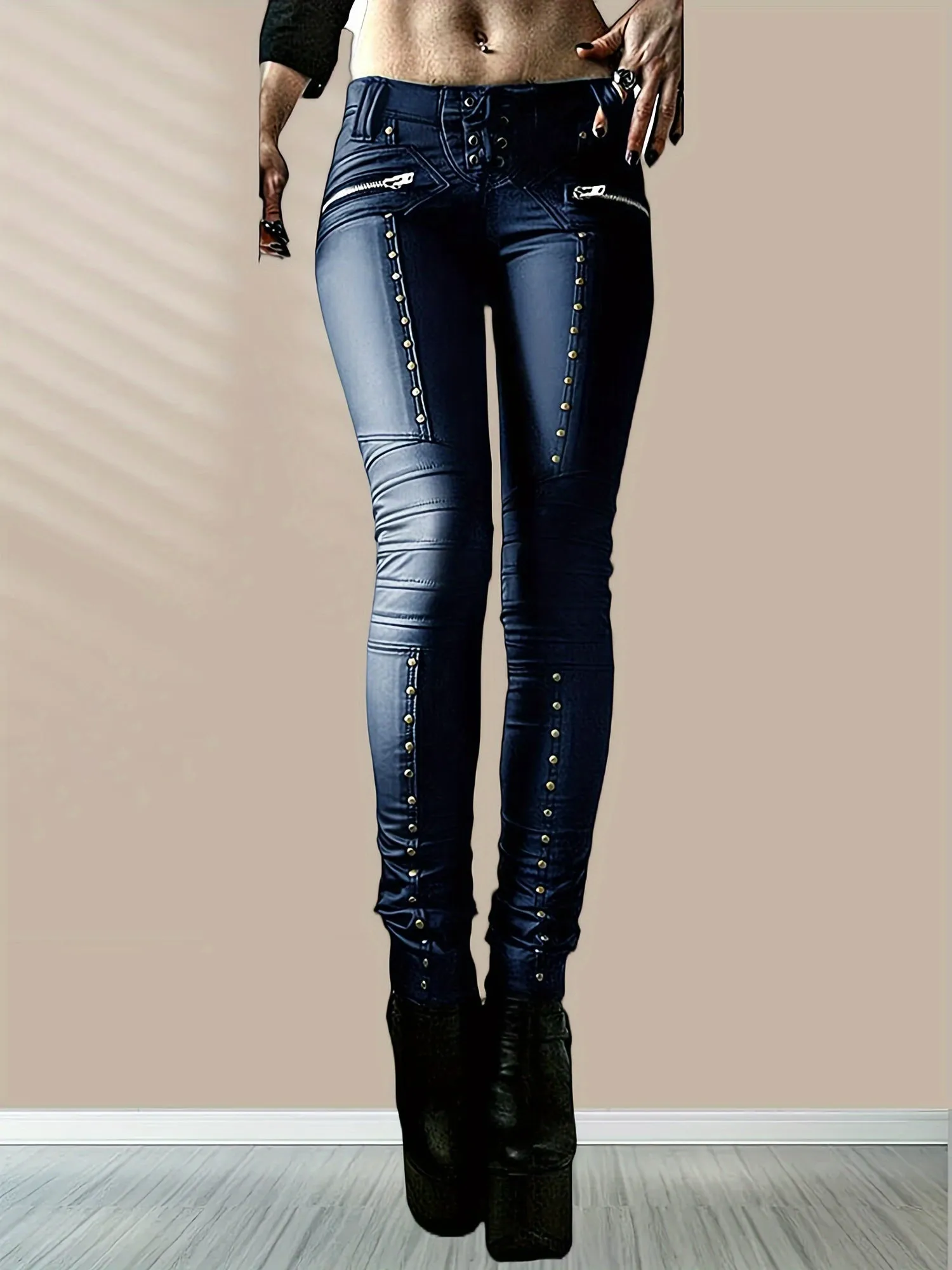 Edgy Gothic Punk Studded Faux Leather Leggings for Women