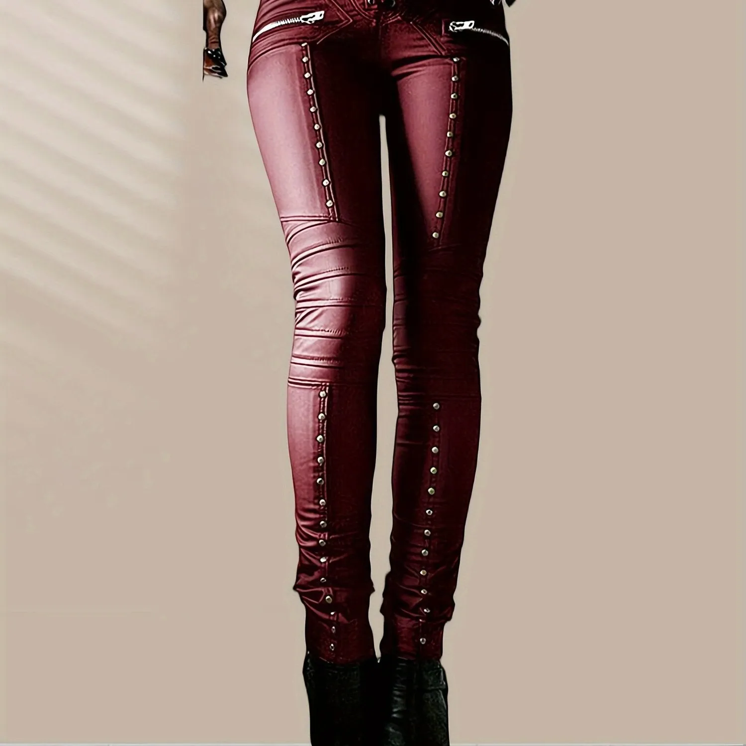Edgy Gothic Punk Studded Faux Leather Leggings for Women