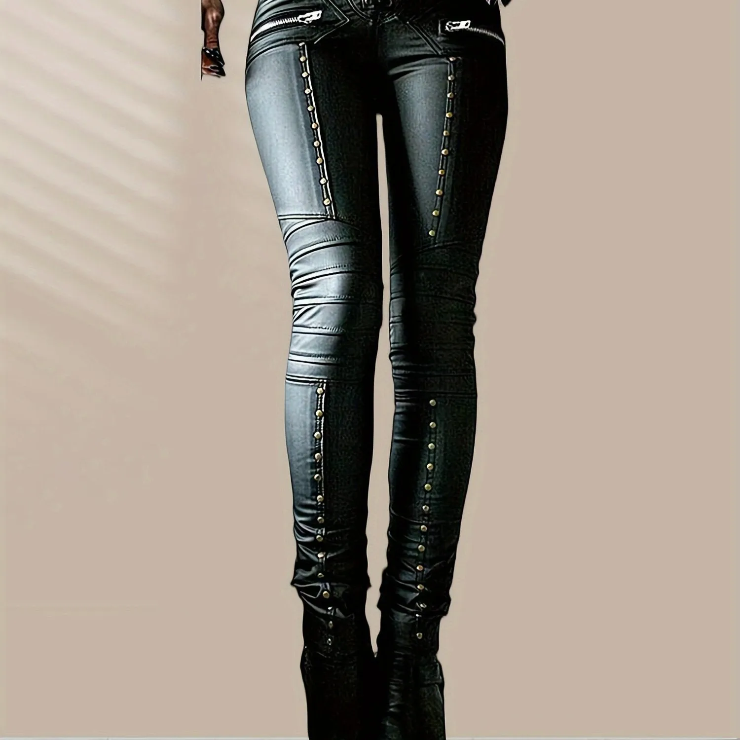 Edgy Gothic Punk Studded Faux Leather Leggings for Women
