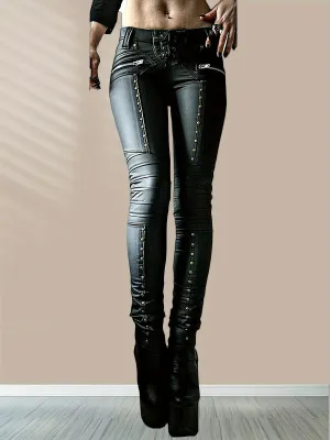 Edgy Gothic Punk Studded Faux Leather Leggings for Women
