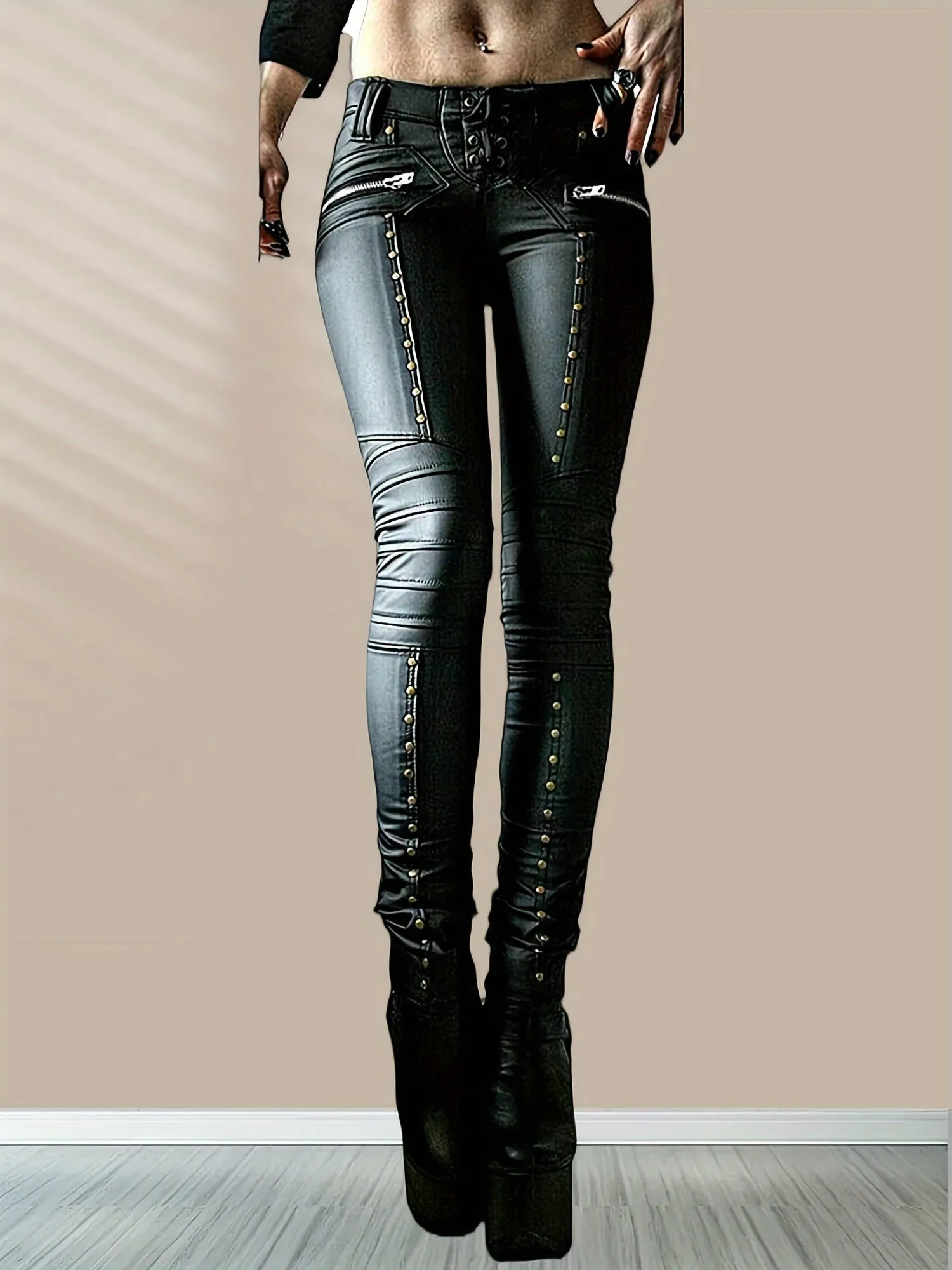 Edgy Gothic Punk Studded Faux Leather Leggings for Women
