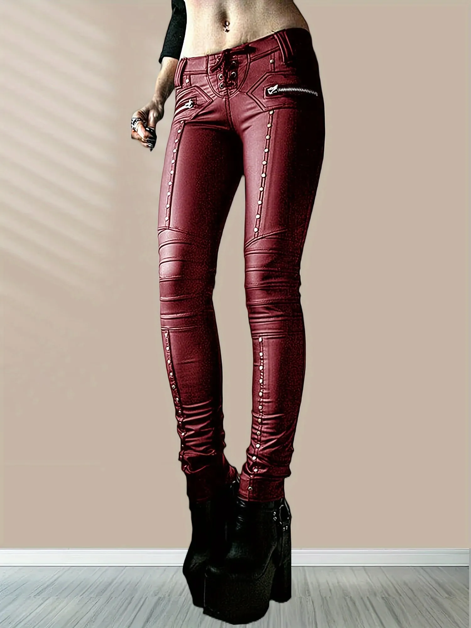 Edgy Gothic Punk Studded Faux Leather Leggings for Women