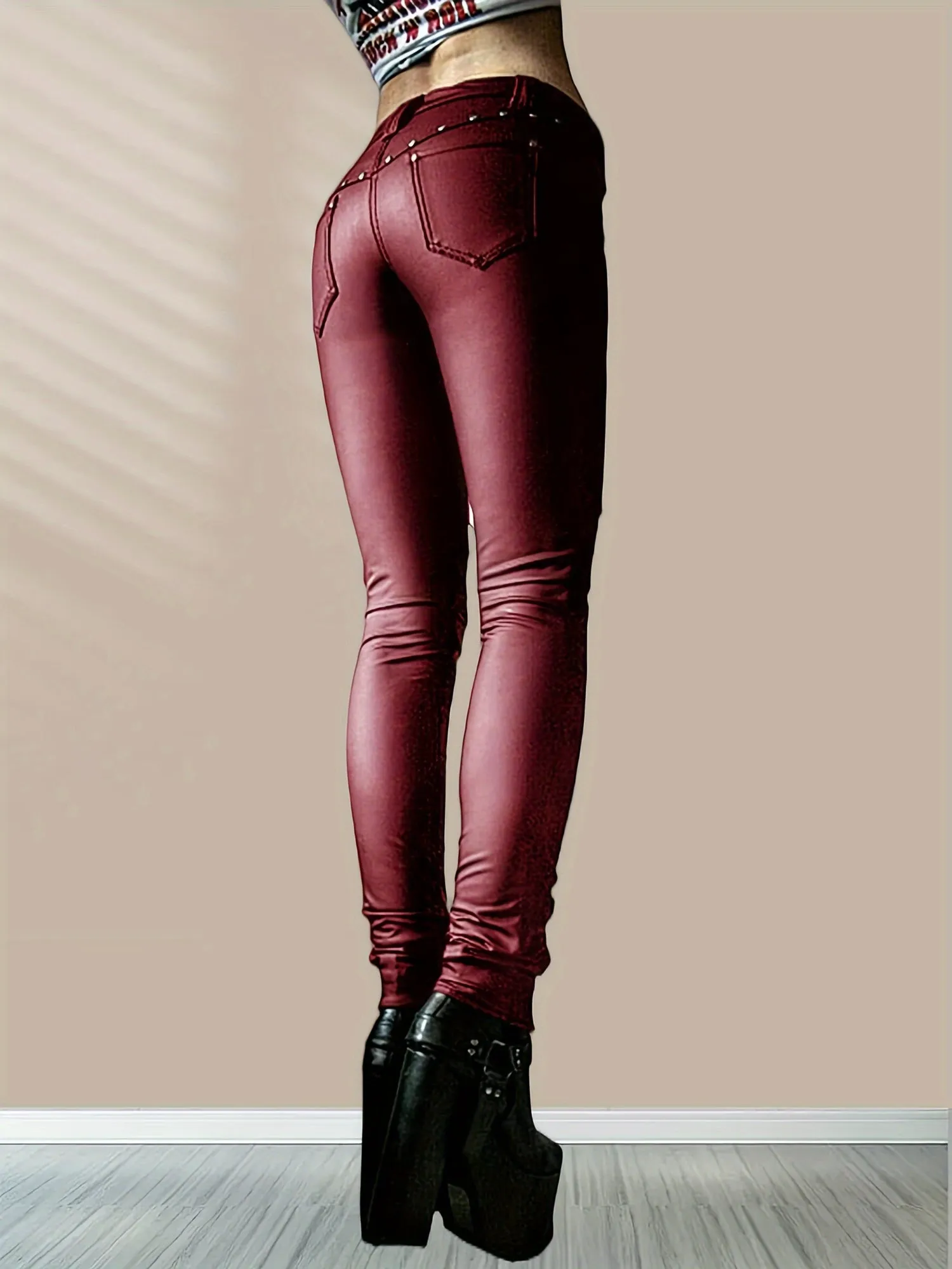 Edgy Gothic Punk Studded Faux Leather Leggings for Women