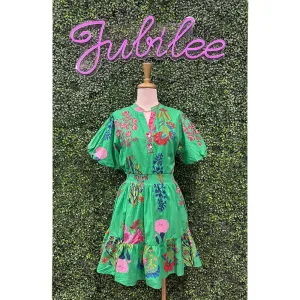 Elaine Green Puff Sleeve Floral Dress