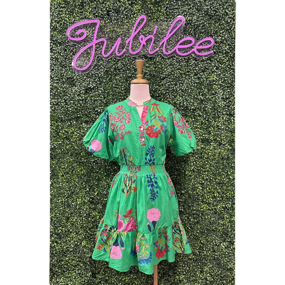 Elaine Green Puff Sleeve Floral Dress