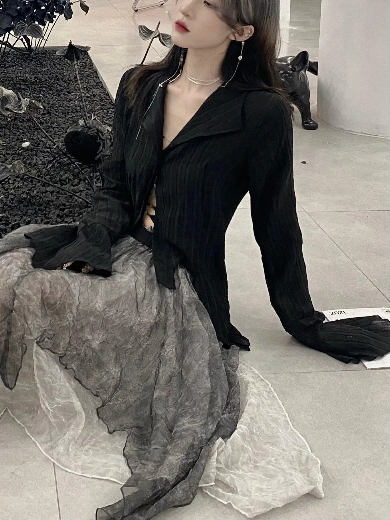 Express Your Dark Aesthetic with Karrcat's Gothic Black Shirts - Irregular Style Flare Sleeve Blouse