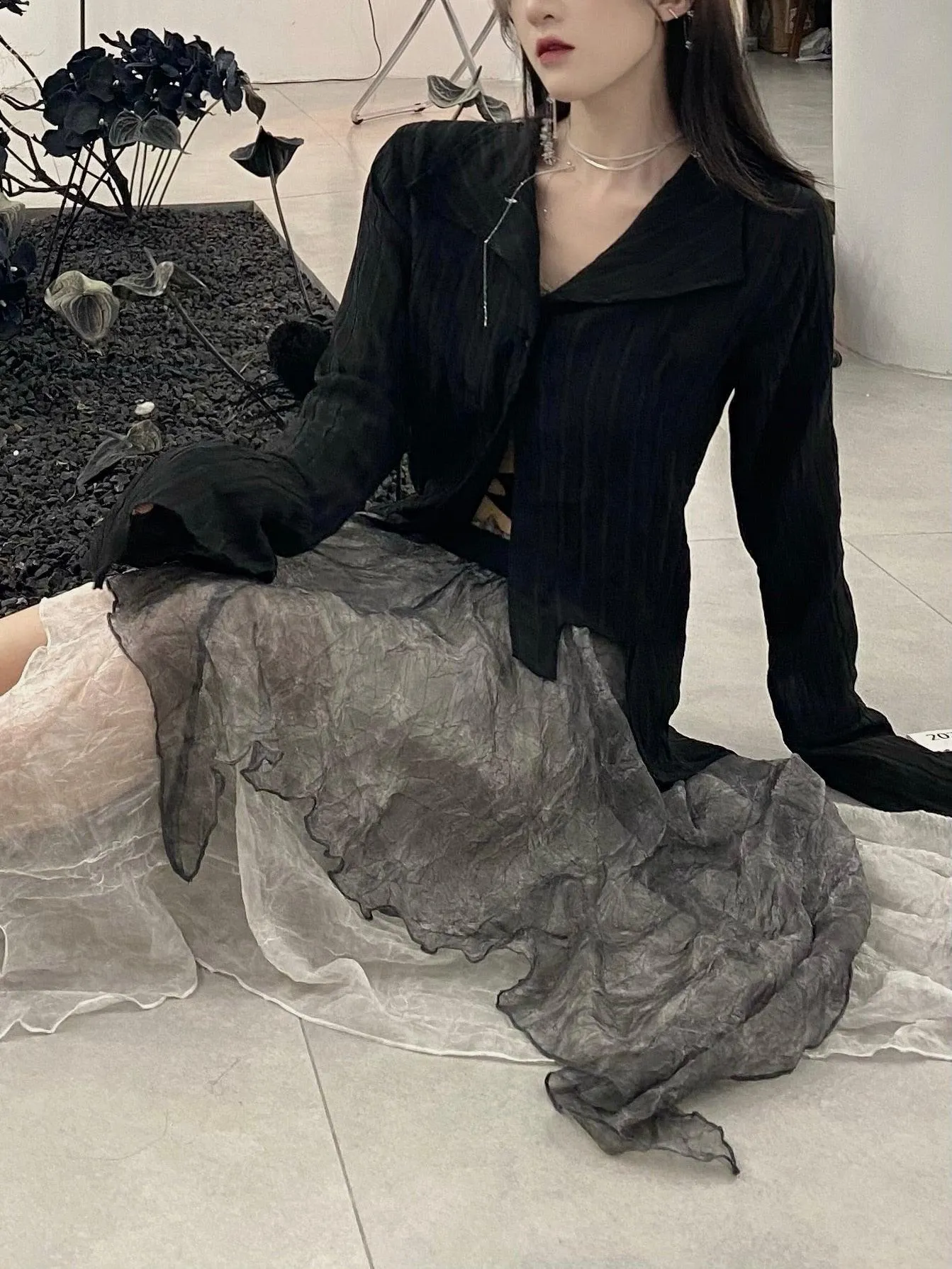 Express Your Dark Aesthetic with Karrcat's Gothic Black Shirts - Irregular Style Flare Sleeve Blouse