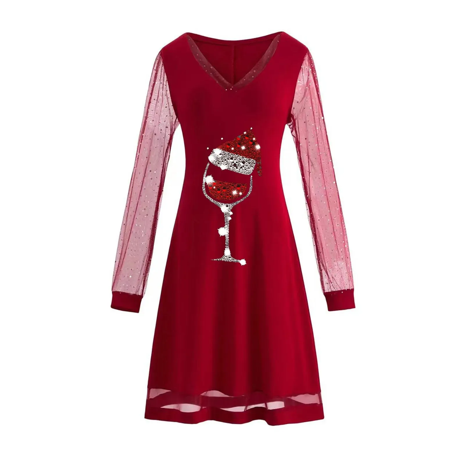 Fashion Christmas Red Wine Glass Print Dress Mesh Long Sleeves Pullover Dresses Women V Neck Loose Long Sleeve Shirt Dress