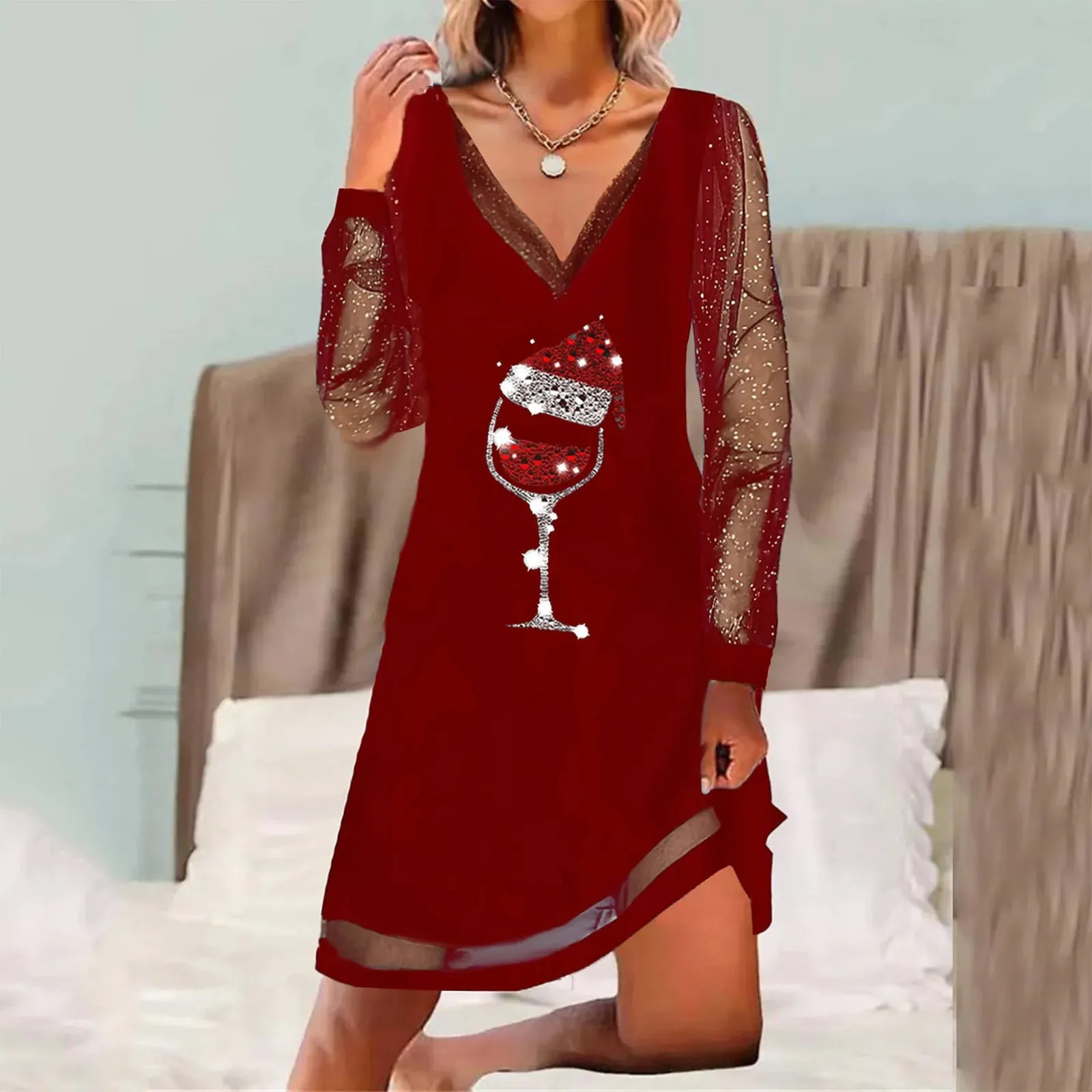 Fashion Christmas Red Wine Glass Print Dress Mesh Long Sleeves Pullover Dresses Women V Neck Loose Long Sleeve Shirt Dress