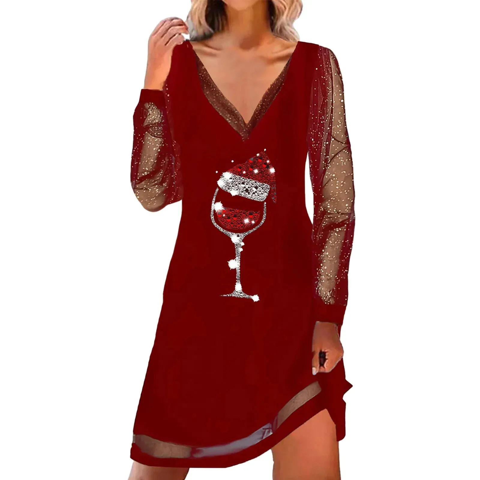 Fashion Christmas Red Wine Glass Print Dress Mesh Long Sleeves Pullover Dresses Women V Neck Loose Long Sleeve Shirt Dress