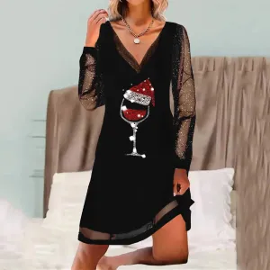 Fashion Christmas Red Wine Glass Print Dress Mesh Long Sleeves Pullover Dresses Women V Neck Loose Long Sleeve Shirt Dress