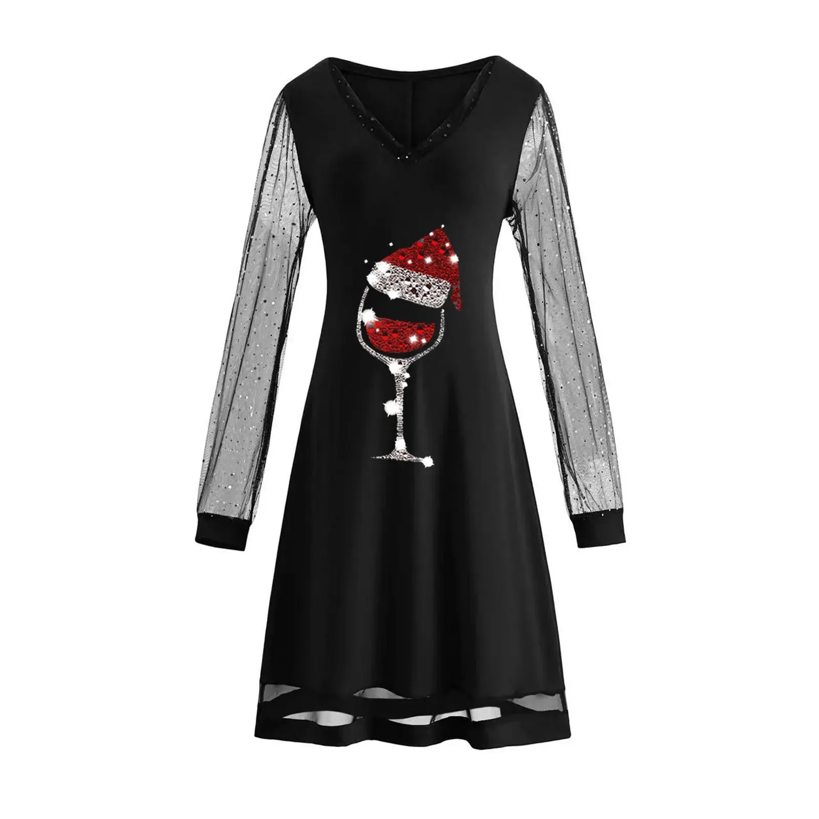 Fashion Christmas Red Wine Glass Print Dress Mesh Long Sleeves Pullover Dresses Women V Neck Loose Long Sleeve Shirt Dress