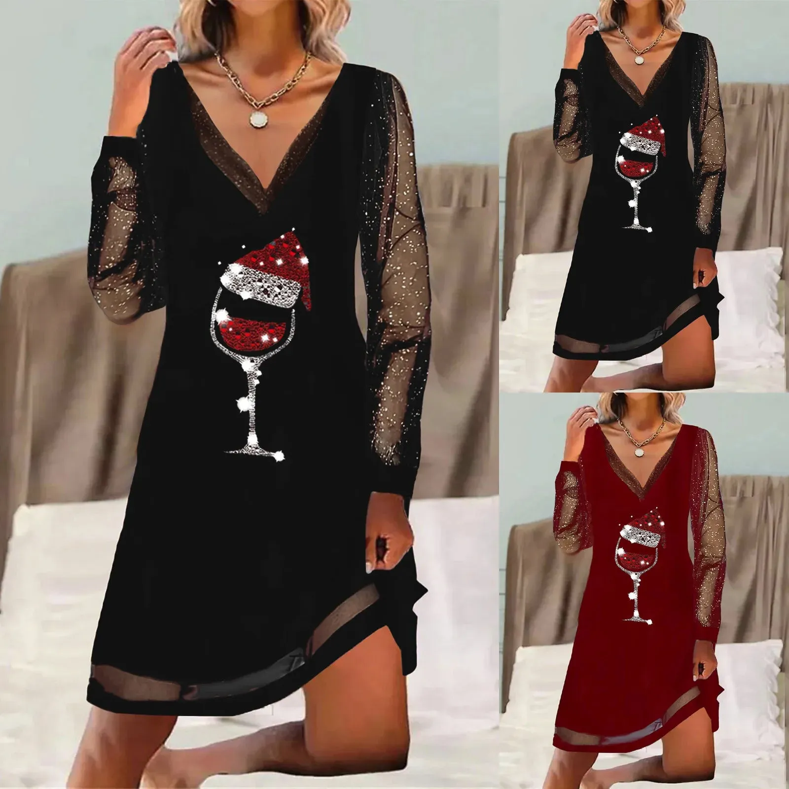 Fashion Christmas Red Wine Glass Print Dress Mesh Long Sleeves Pullover Dresses Women V Neck Loose Long Sleeve Shirt Dress