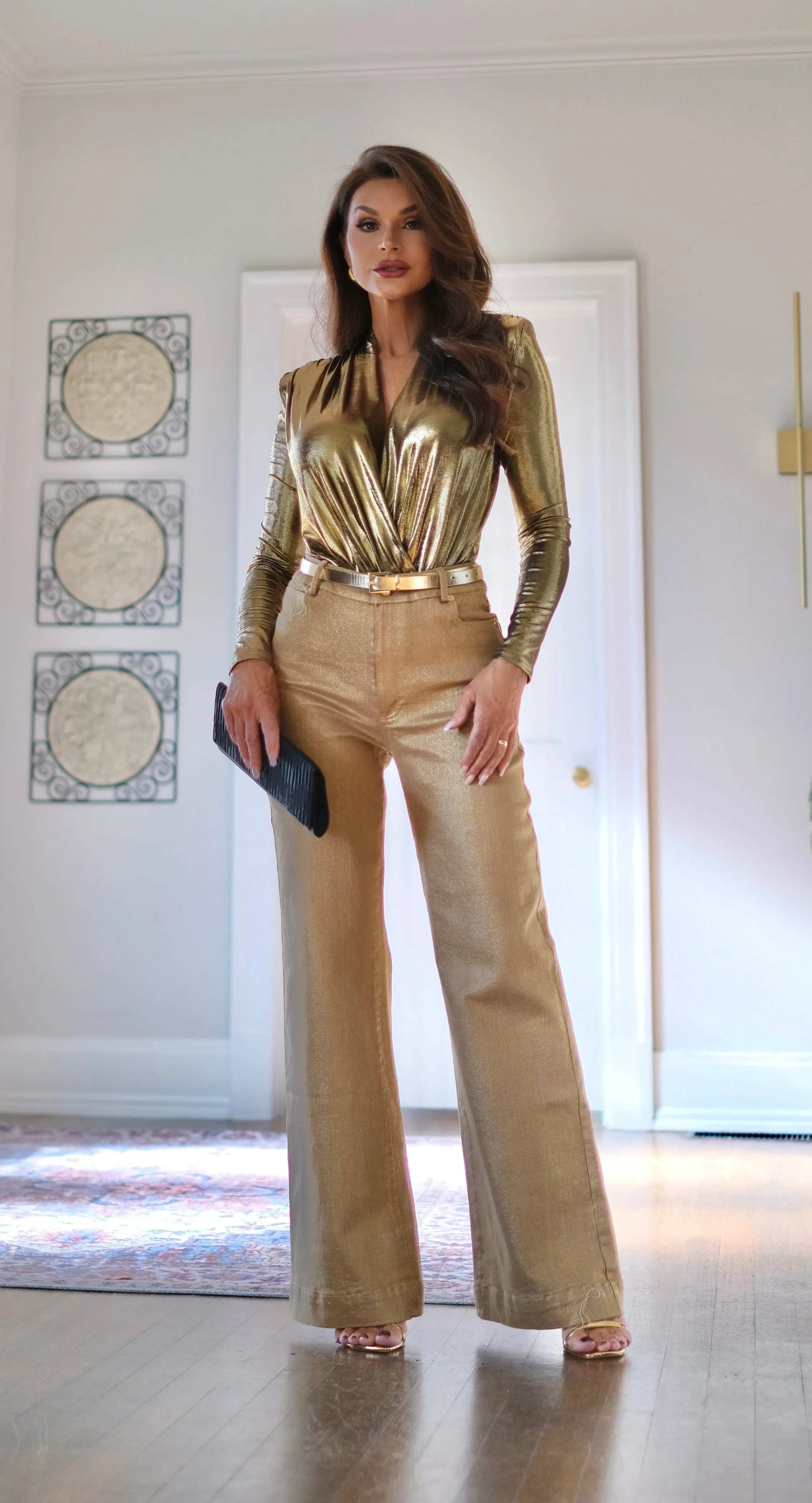 Flora Gold metallic high rise wide leg jean