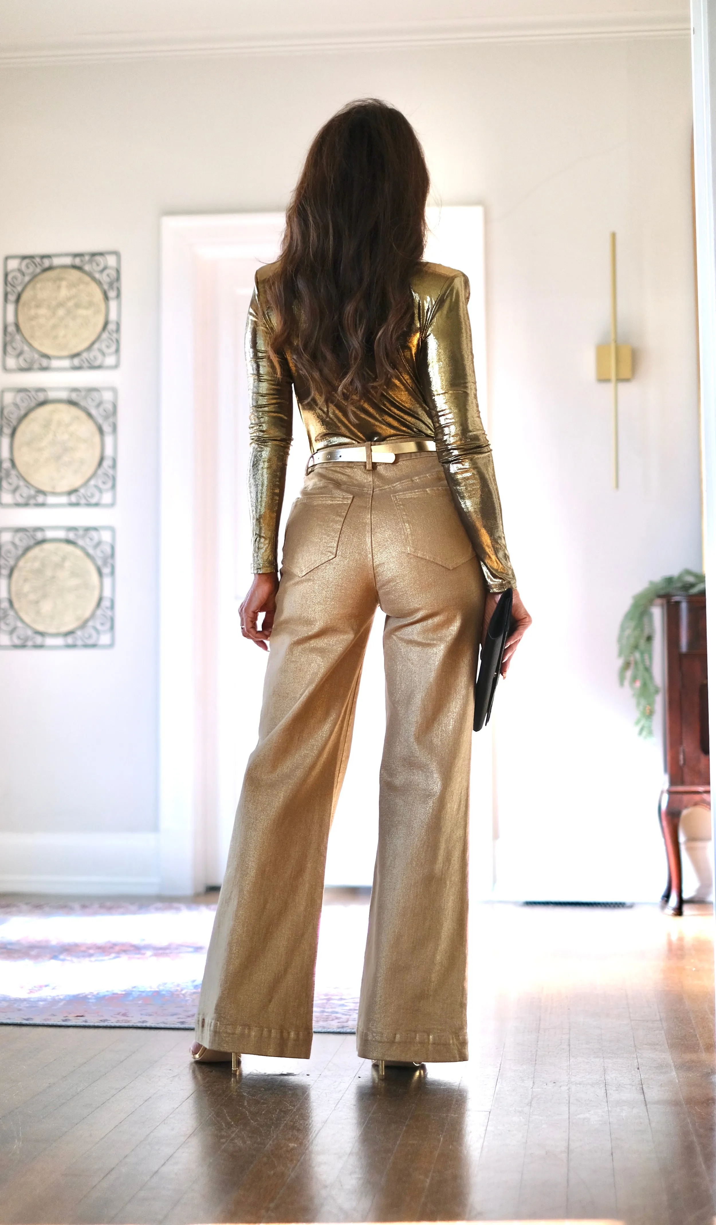 Flora Gold metallic high rise wide leg jean