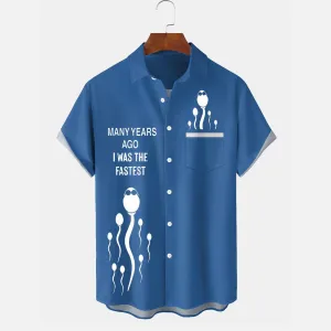 Funny Cartoon Letter Print Men's Button Pocket Short Sleeve Shirt