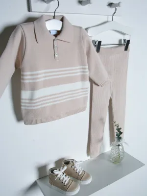 Granlei beige & ivory stripe knitted polo collar suit