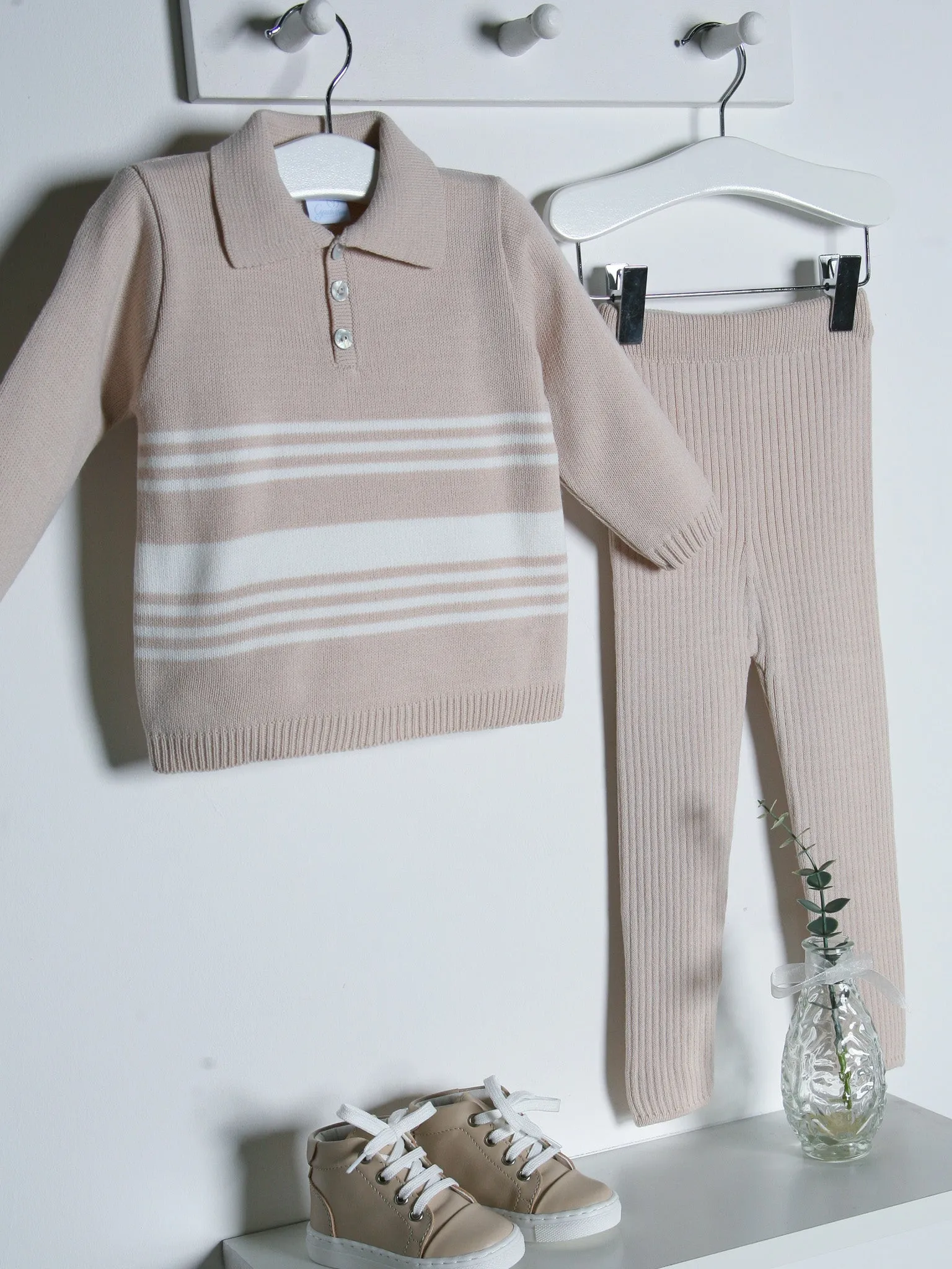 Granlei beige & ivory stripe knitted polo collar suit