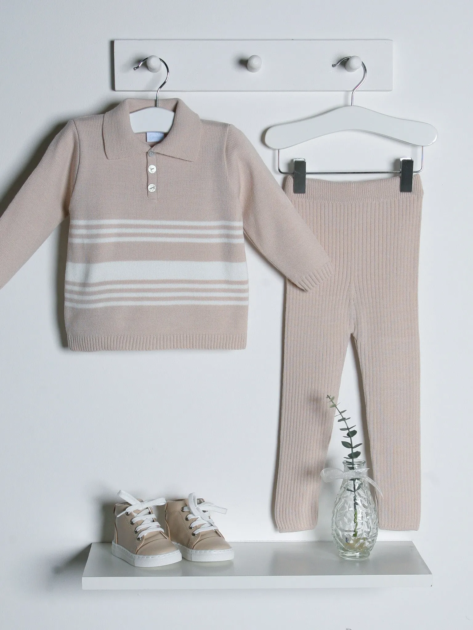 Granlei beige & ivory stripe knitted polo collar suit