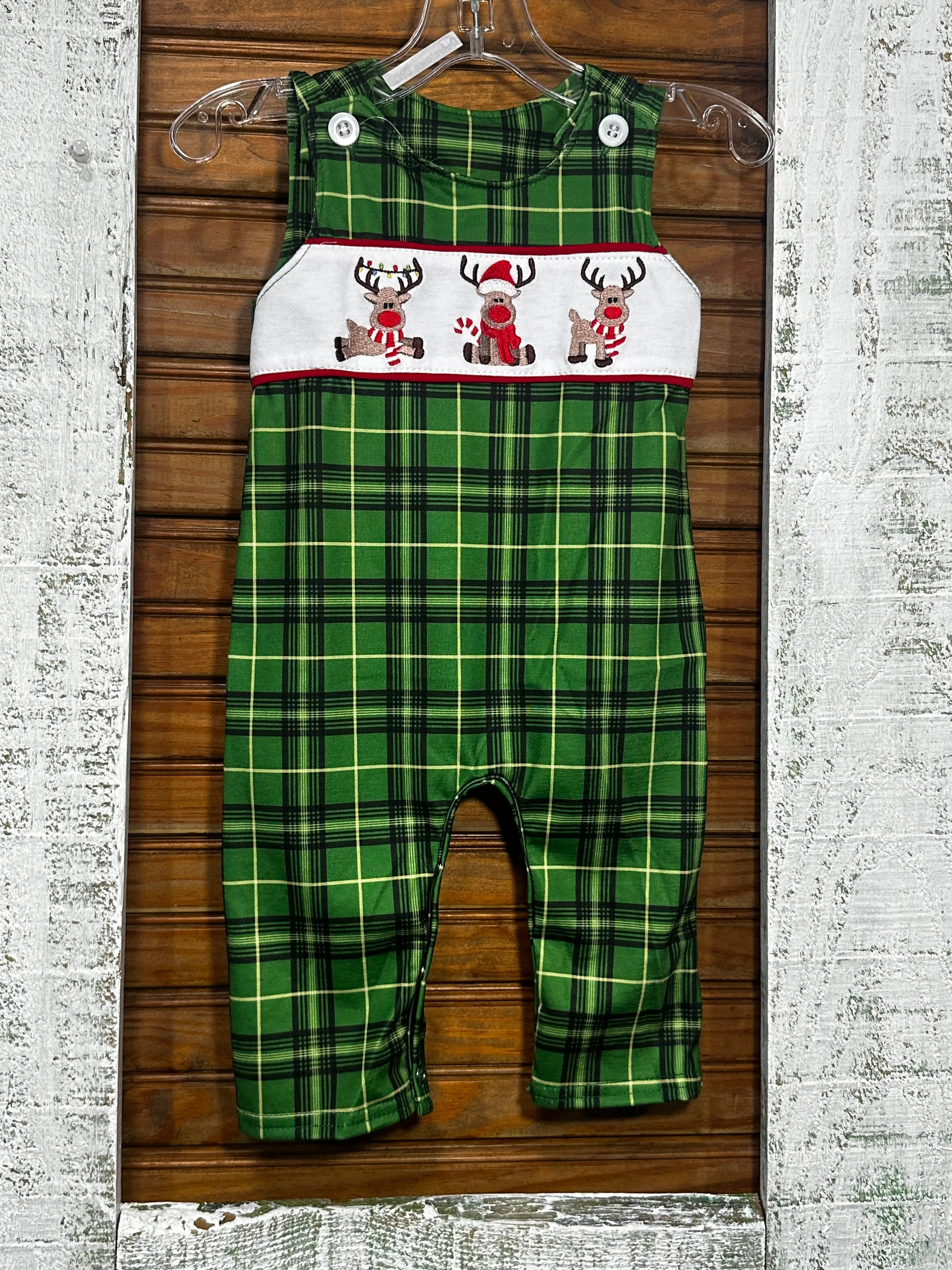 Green Plaid Reindeer Romper