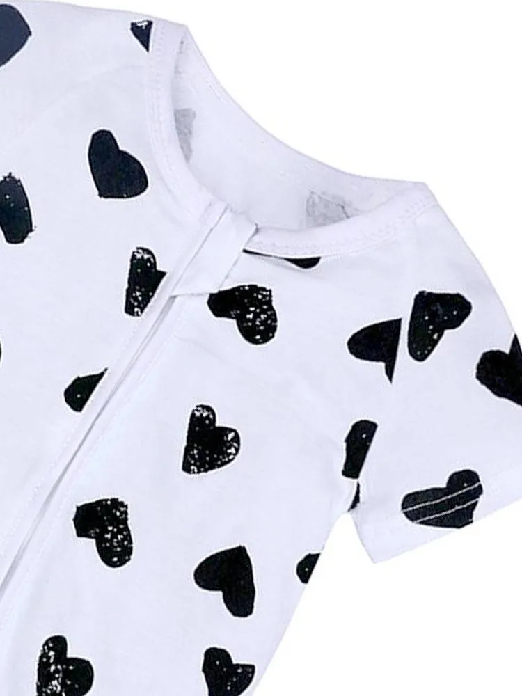 Happy Hearts - White and Black Baby Zip Sleepsuit Romper - SHORT SLEEVED