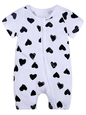 Happy Hearts - White and Black Baby Zip Sleepsuit Romper - SHORT SLEEVED