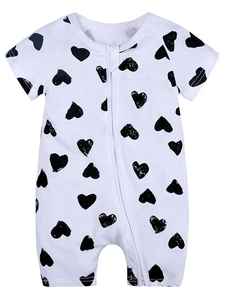 Happy Hearts - White and Black Baby Zip Sleepsuit Romper - SHORT SLEEVED