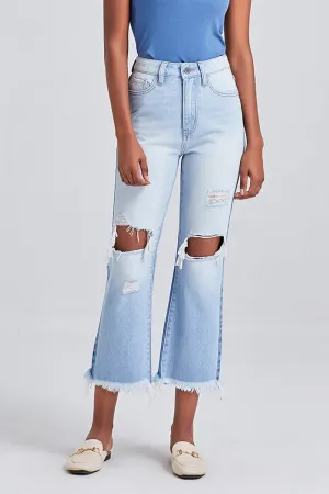High Rise Straight Leg Two Toned Denim with Destruction