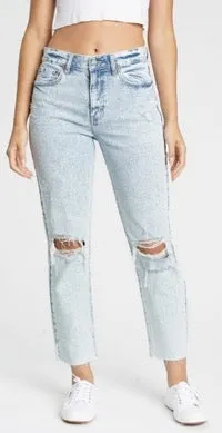 High Waist Distressed Knee Acid Wash Crop Sustainable Jeans