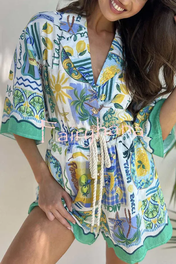 Holiday Style Unique Print Short-sleeved Casual Tie Rompers