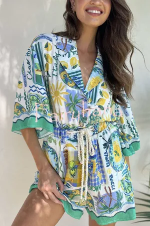 Holiday Style Unique Print Short-sleeved Casual Tie Rompers