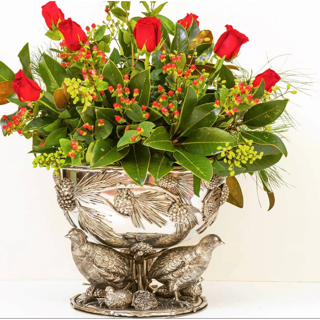 Italian Pewter Quail Centerpiece Bowl with 3 Quail Base