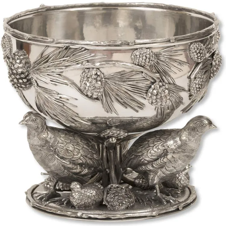 Italian Pewter Quail Centerpiece Bowl with 3 Quail Base