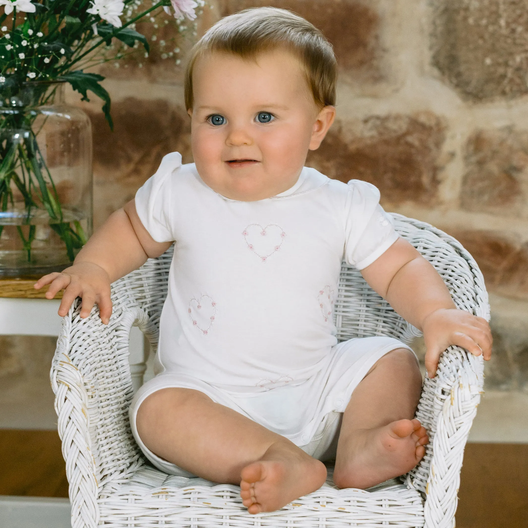 Jody White Girls Heart Embroidery Romper