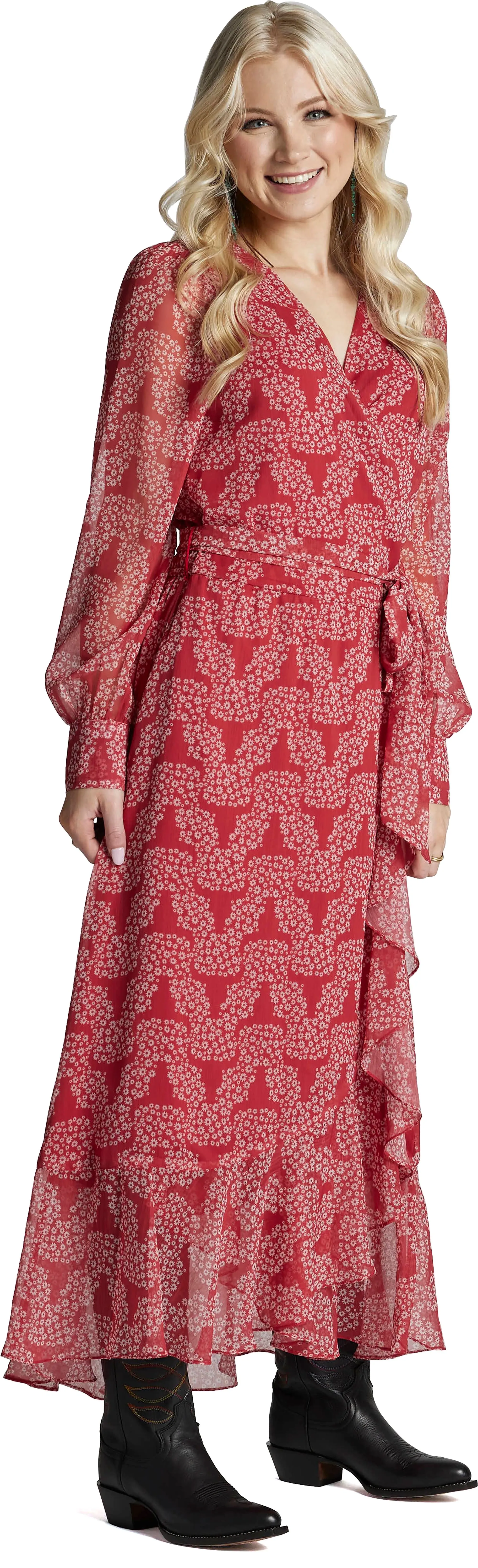 Justin Ladies Red Floral Skull Wrap Maxi Dress